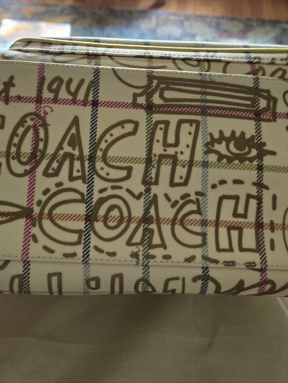 Vintage F13186 Coach Cream Satchel with Gold Trim and Multicolor Script - Picture 6 of 16